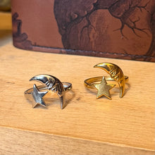 Load image into Gallery viewer, Crescent Man in the Moon &amp; Star Rings | Adjustable | Gold Tone or Silver Tone
