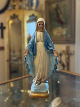 Load image into Gallery viewer, Vintage Iconic Virgin Mary Chalkware Statue 13.5” Blue Shroud Snakes Iridescent Sheen
