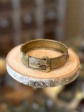 Load image into Gallery viewer, Antique Victorian Signed Brass &amp; Black Enamel Floral Scroll Engraved Belt Buckle Bangle Bracelet 19th Century
