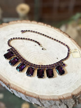 Load image into Gallery viewer, Vintage 1950s DEADSTOCK Unsigned Glass Rhinestone Purple Statement Adjustable Collar Necklace with Fields Store NYC Tag
