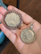 Load image into Gallery viewer, You Pick! Vintage Midcentury Coin Pendants Silver Tone | 1973 Queen Elizabeth 50 Pence or 1964 Ike Dollar John F. Kennedy JFK
