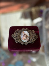 Load image into Gallery viewer, Vintage Victorian Revival Gold Tone Filigree Porcelain Courting Couple Brooch C-Clasp
