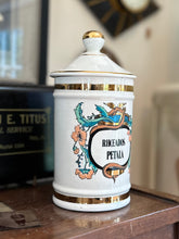 Load image into Gallery viewer, Vintage Robin’s Ind. USA Glazed Ceramic Painted Apothecary Jar Rhoeados Petala Red-Poppy Petals w/ Lid 8.25”
