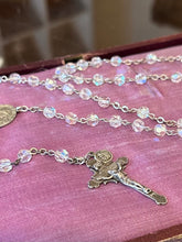 Load image into Gallery viewer, Vintage Circa 1940s Signed WI Sterling Silver Clear Aurora Borealis Crystal St. Anthony Medal Crucifix Rosary 19.45"
