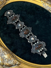 Load image into Gallery viewer, Vintage Mexico Sterling Silver &amp; Dalmatian Jasper Cabochon Ornate Scrollwork Panel Link Statement Bracelet 6.75”
