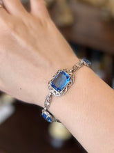 Load image into Gallery viewer, Vintage Circa 1930s Art Deco Rhodium Plated Aquamarine Faceted Czech Glass Bracelet 7”
