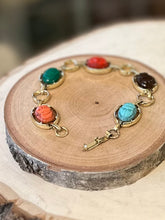 Load image into Gallery viewer, Vintage Gold Tone Pressed Glass Multi Color Scarab Beetle Bracelet Oval Links
