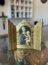 Load image into Gallery viewer, Beautiful Vintage Hand Crafted Gilded Wood Devotional Travel Icon Catholic Italian Florentine Triptych Religious Madonna and Child 7”
