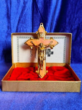 Load image into Gallery viewer, Vintage Gold Plate Brass &amp; Marbled Orange Bakelite Memorial Crucifix 1940s w/ Original Box
