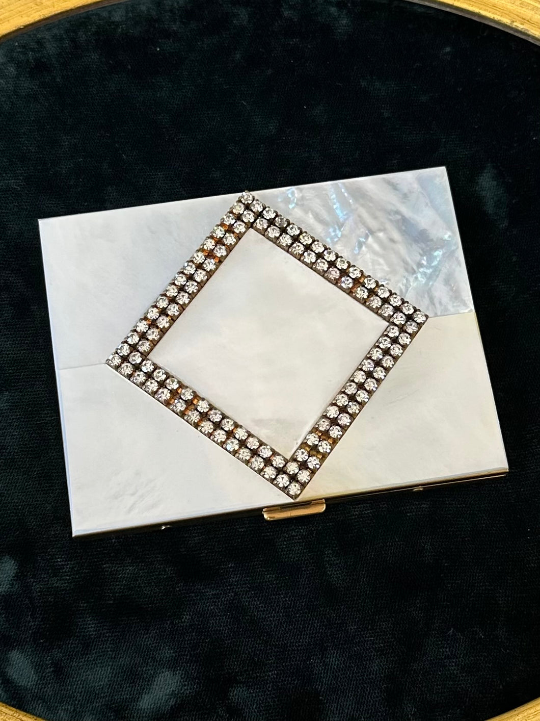 Vintage 1950s Midcentury New Old Stock MARHILL Mother of Pearl Rhinestone Jewelled Gold Tone Cigarette Case Compact