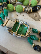 Load image into Gallery viewer, RARE Vintage HOBE &#39;50s Tri-Strand Green Art Glass &amp; Gold Tone Necklace Faience
