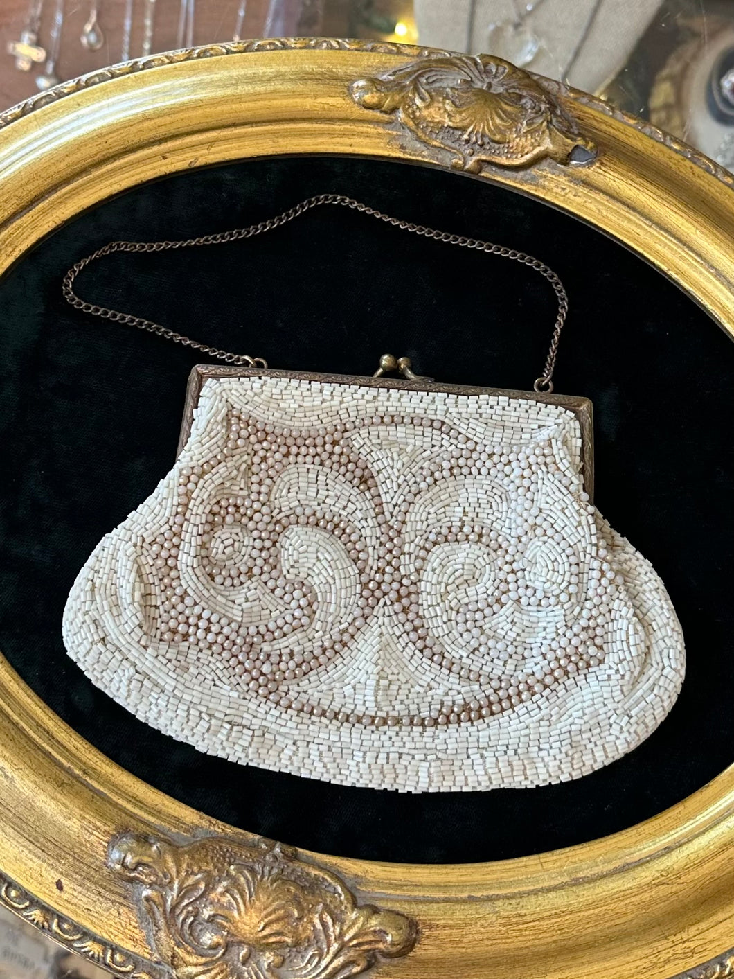 Vintage Circa 1930s 1940s French White Beige & Off White Seed Beaded Purse Evening Bag Made in France