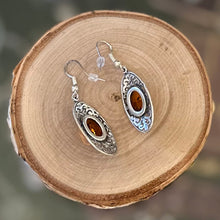 Load image into Gallery viewer, Vintage Sterling Silver &amp; Genuine Baltic Amber Art Nouveau Style Scroll Dangle Earrings
