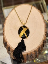 Load image into Gallery viewer, Vintage Signed Monet Gold Tone and Black Enamel Statement Pendant Tassel Necklace 30.25”
