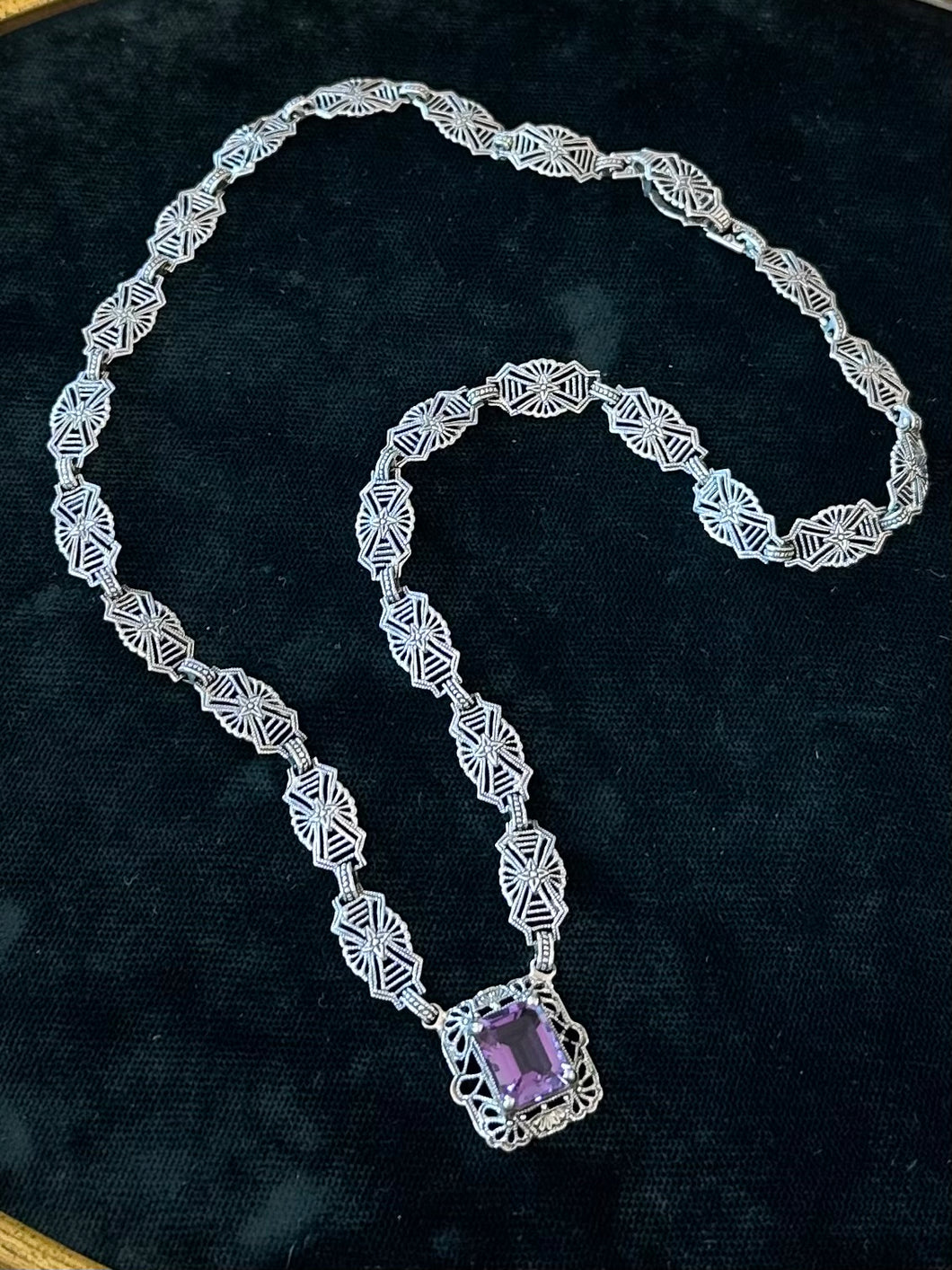 Art Deco Revival Signed Lauren Taylor Sterling Silver Filigree Faux Amethyst Necklace
