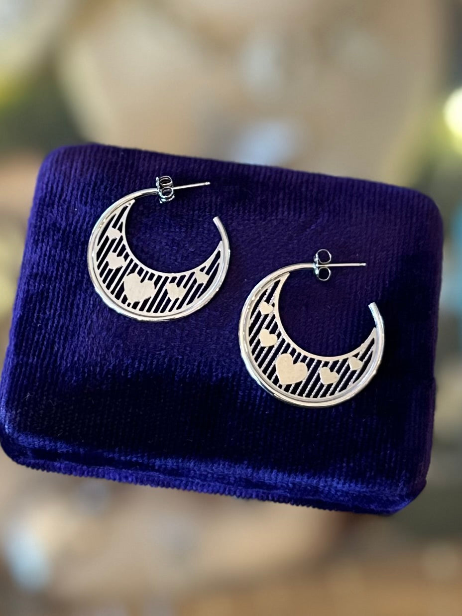 Vintage 1990s Sterling Silver Heart Open Hoop Earrings “Hearts in a Cage” Signed BEAU