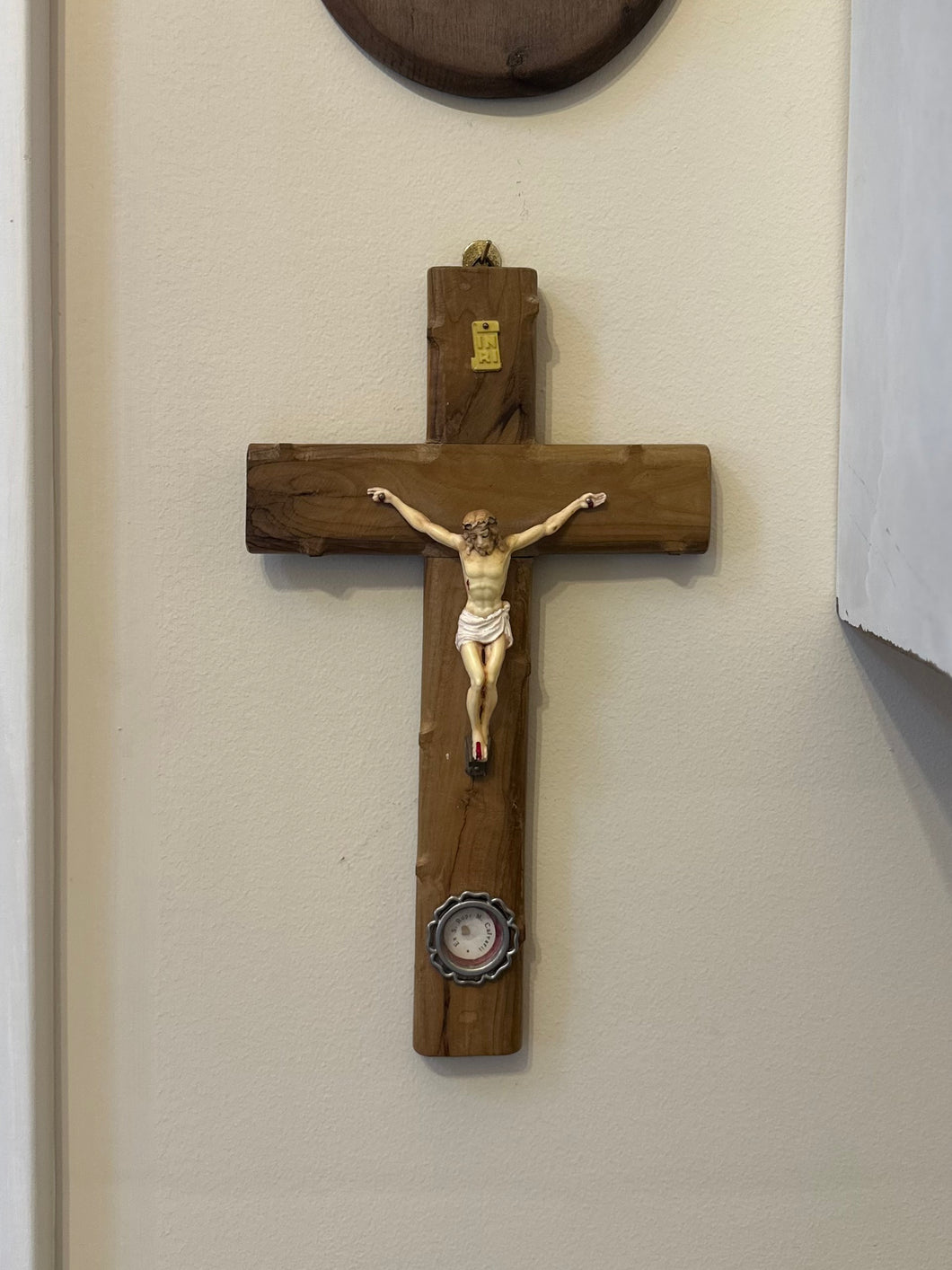 Vintage Olive Wood Crucifix with Ex. S. Rupe Calvarii Relic Reliquary Jerusalem Stations of the Cross