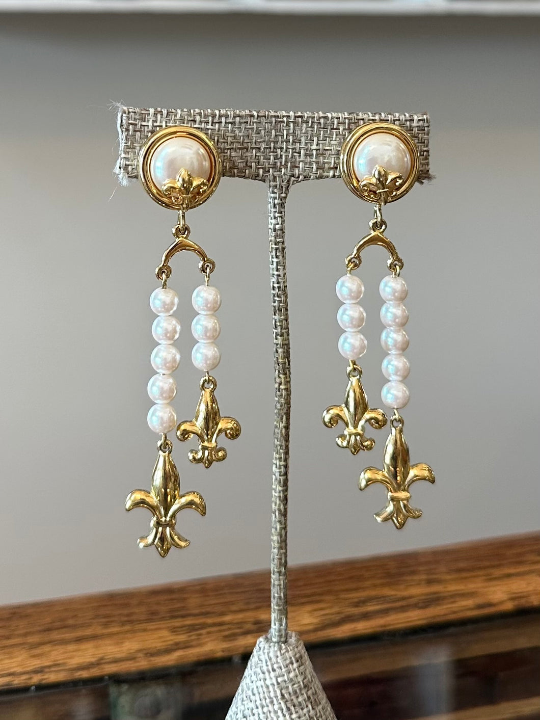 Vintage Circa 1980s 1990s Signed GIVENCHY Paris New York Gold Tone & Faux Pearl Fleur de Lis Dangle Clip-on Earrings Rare