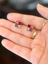 Load image into Gallery viewer, Vintage 1980s Signed GIVENCHY Square Gold Tone Pink &amp; Purple Faceted Crystal Stud Earrings
