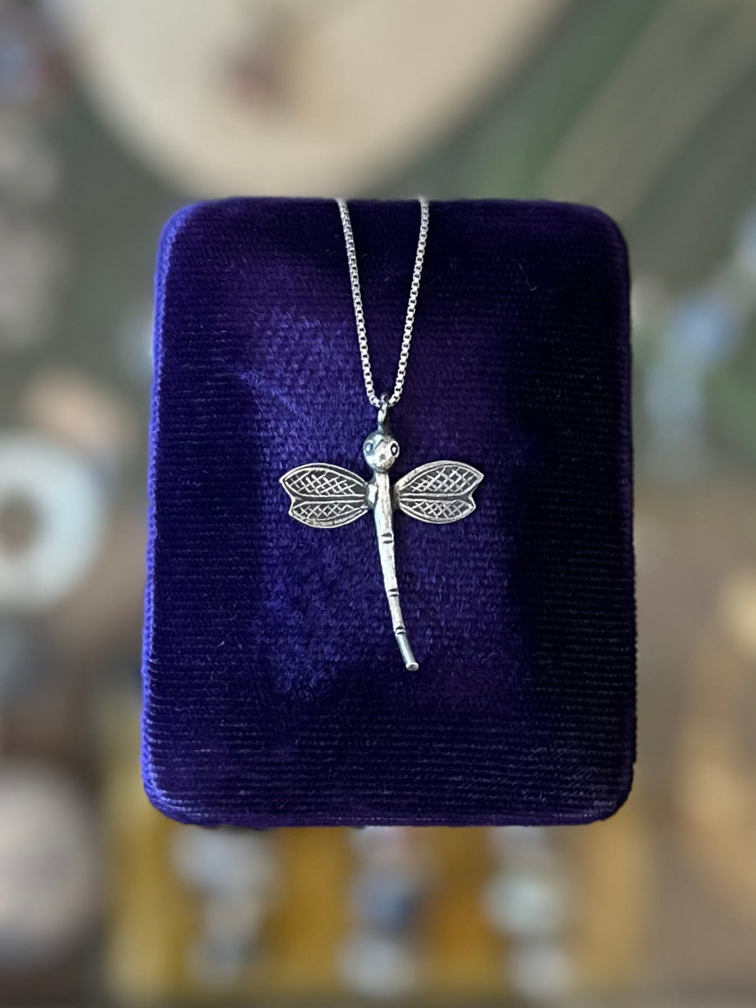 Vintage Sterling Silver Dragonfly Pendant Necklace Box Chain 20.25”
