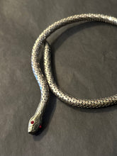 Load image into Gallery viewer, Vintage Midcentury Silver Tone &amp; Red Rhinestone Eyes Snake Coil Choker Necklace Adjustable
