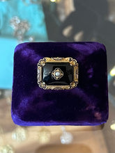 Load image into Gallery viewer, Antique 1920s 1930s Art Deco Gold Tone Black Glass &amp; Seed Pearl Mourning Pin Brooch
