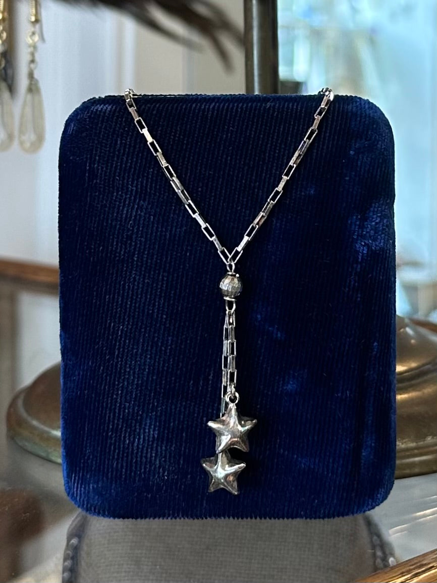 Vintage Sterling Silver Paperclip Chain Puffy Stars & Disco Ball Beads Lariat Necklace 17.9”