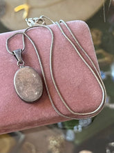 Load image into Gallery viewer, Vintage Sterling Silver &amp; Peachy Pink Botanical Lucite Oval Pendant Necklace 18.5”
