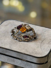 Load image into Gallery viewer, Vintage WB Signed Ward Brothers Sterling Silver Scottish Thistle Brooch Faceted Glass Citrine and Purple Amethyst Marquise Stones
