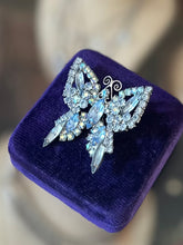 Load image into Gallery viewer, Vintage Light Blue &amp; Aurora Borealis Faceted Rhinestone Butterfly Brooch Silver Tone Midcentury
