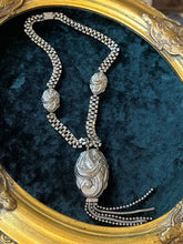 Load image into Gallery viewer, Antique Edwardian Circa 1910s Ornate Art Nouveau Floral &amp; Scroll Motif Silver Plated Pendant Y-Necklace 16.5”
