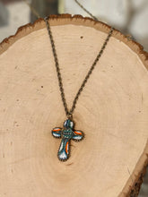 Load image into Gallery viewer, Vintage Antique Italian Glass Micro Mosaic Cross Roma Pendant Necklace 1/20 12k Gold Filled Chain 25”
