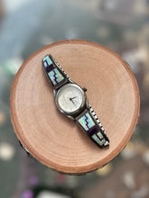 Load image into Gallery viewer, Vintage Zuni Native American Sterling Silver &amp; Stainless Steel Opal and Purple Inlay Bear Face Women’s Wrist Watch
