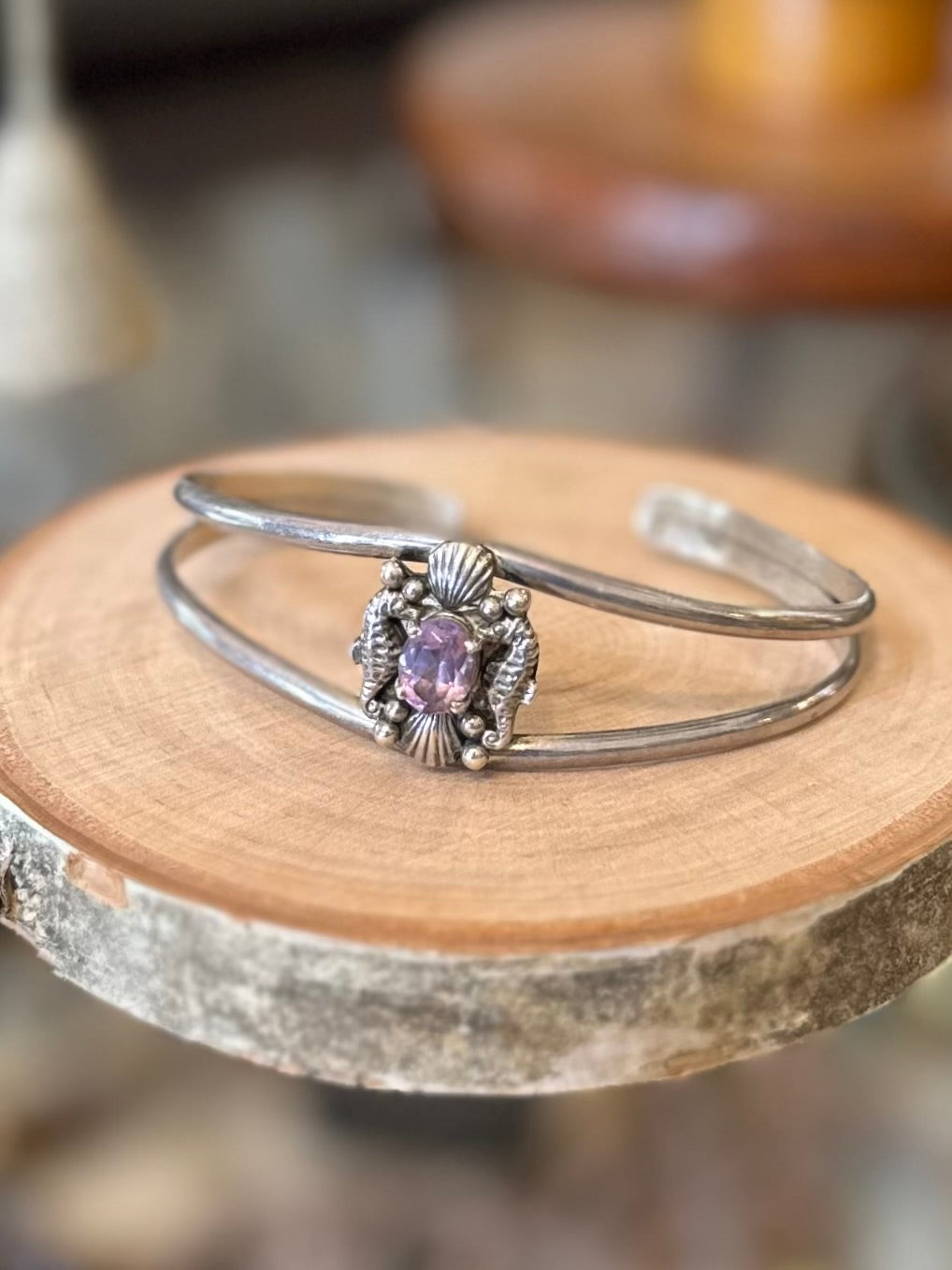 Vintage 1990s Signed CAROL FELLEY Sterling Silver & Genuine Amethyst Southwestern Seashell Seahorse Cuff Bracelet