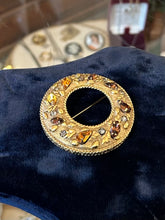 Load image into Gallery viewer, Vintage Midcentury Matte Gold Tone Orange &amp; Brown Faceted Rhinestone Wreath Circle Brooch
