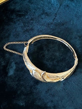 Load image into Gallery viewer, Vintage Midcentury Textured Gold Tone Wave Motif Hinged Bangle Bracelet Unsigned
