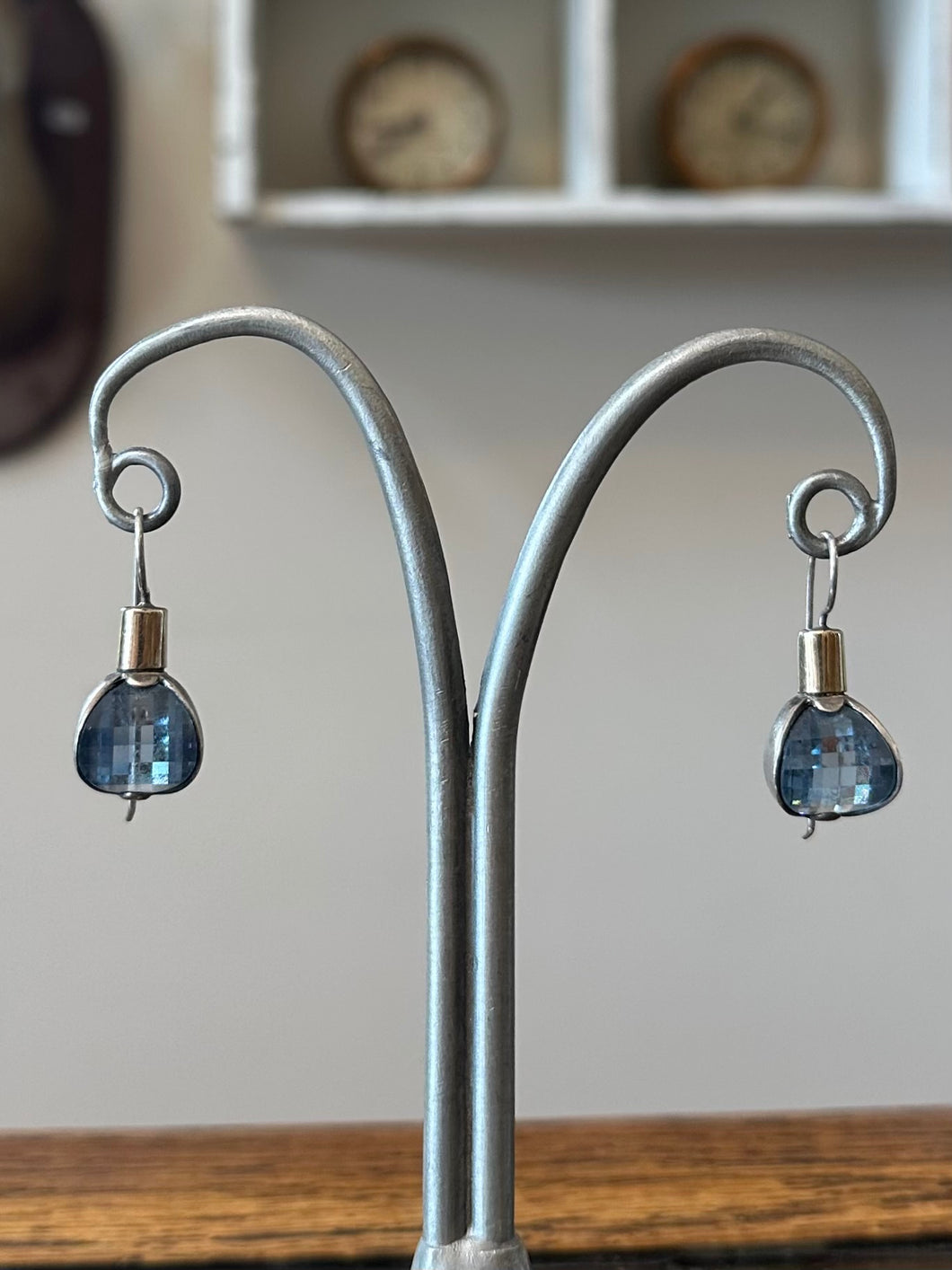 Vintage Sterling Silver Two Tone Dangle Drop Earrings Cushion Cut Faceted Blue Crystal