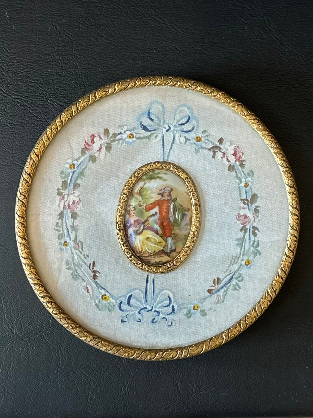 Vintage Midcentury Floral Painted Courting Couple Vanity Box Mirror Lid ONLY 4.5”