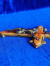 Load image into Gallery viewer, Vintage Gold Plate Brass &amp; Marbled Orange Bakelite Memorial Crucifix 1940s w/ Original Box
