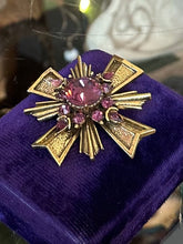 Load image into Gallery viewer, Vintage Signed ZENTALL Gold Tone &amp; Faceted Purple Rhinestone Maltese Cross Brooch
