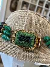 Load image into Gallery viewer, RARE Vintage HOBE &#39;50s Tri-Strand Green Art Glass &amp; Gold Tone Necklace Faience
