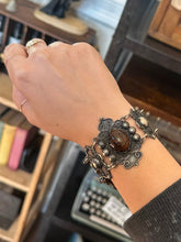 Load image into Gallery viewer, Vintage Mexico Sterling Silver &amp; Dalmatian Jasper Cabochon Ornate Scrollwork Panel Link Statement Bracelet 6.75”
