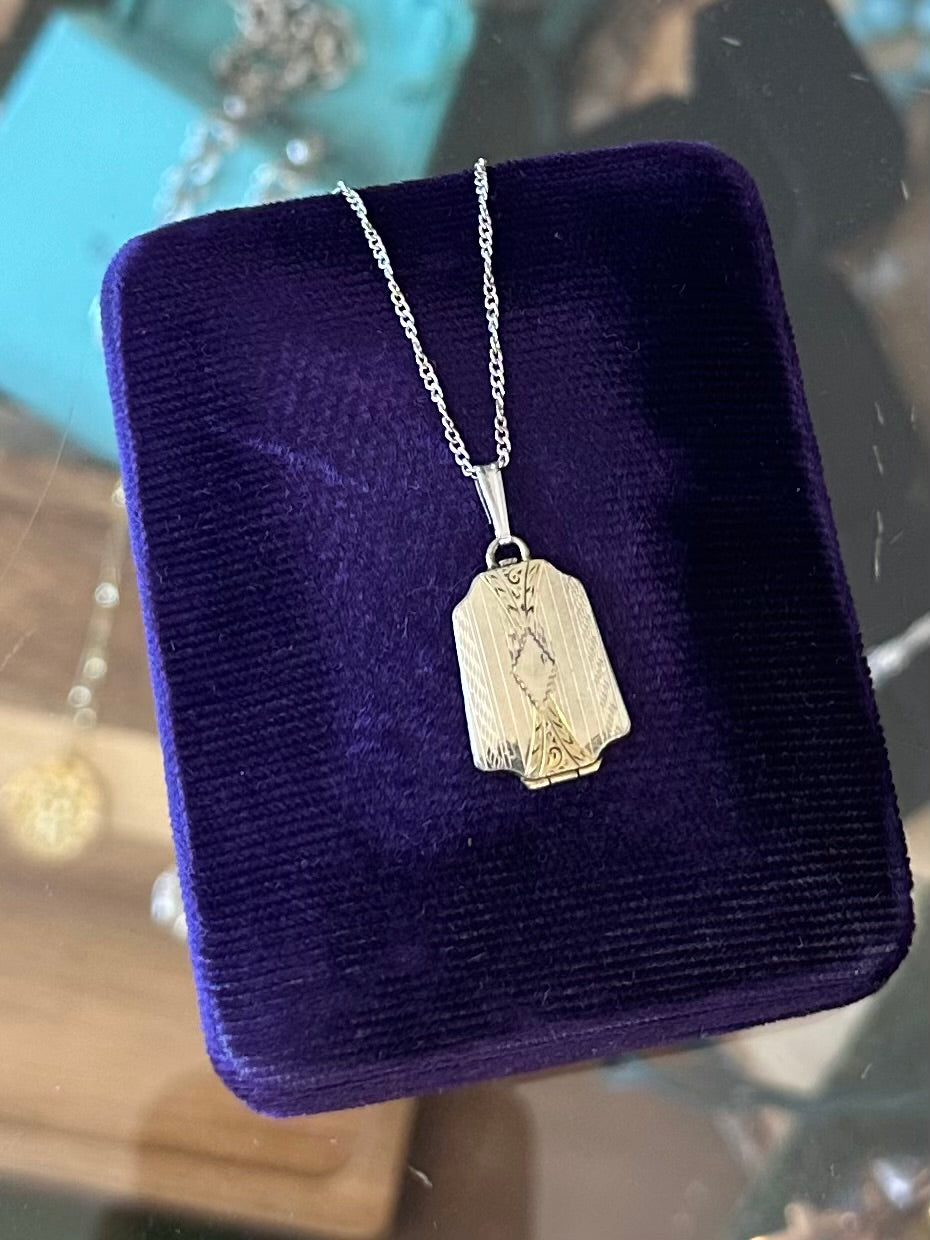 Vintage Signed HFB Art Deco Gold Filled Two Tone Locket with Hair Inside on Sterling Silver Chain Necklace 18”