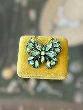 Load image into Gallery viewer, Vintage Signed REGENCY Green &amp; Aurora Borealis Faceted Rhinestone Butterfly Brooch Midcentury
