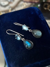 Load image into Gallery viewer, Vintage Sterling Silver Genuine Labradorite Cabochon Teardrop &amp; Faceted Blue Aquamarine Glass Dangle Earrings
