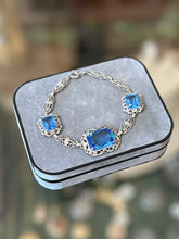 Load image into Gallery viewer, Vintage Circa 1930s Art Deco Rhodium Plated Aquamarine Faceted Czech Glass Bracelet 7”
