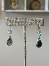Load image into Gallery viewer, Vintage Sterling Silver Genuine Labradorite Cabochon Teardrop &amp; Faceted Blue Aquamarine Glass Dangle Earrings
