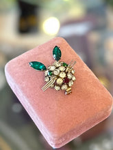 Load image into Gallery viewer, Vintage 1950s Unsigned Round Prong Set Clear, Emerald Green, &amp; Red Rhinestones Dimensional Bunny with Whiskers Brooch Pin

