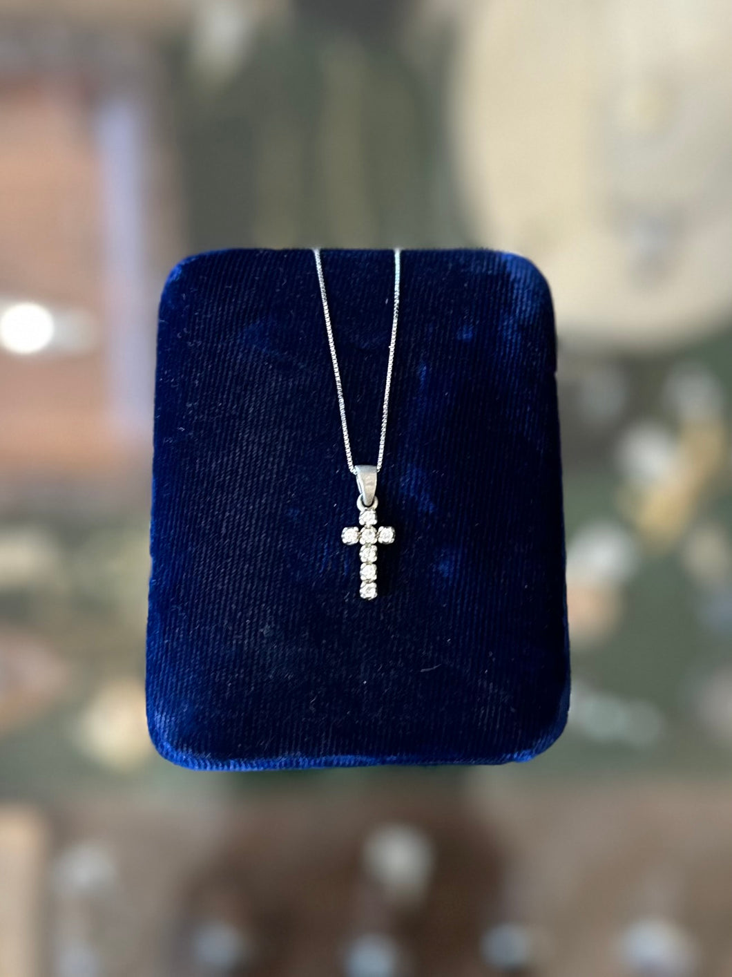 Vintage Sterling Silver Cubic Zirconia Cross Pendant Necklace Box Chain 16”