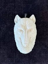 Load image into Gallery viewer, OOAK One of a Kind Handcarved Bone Artisan Wolf Face Wolf Head Pendant
